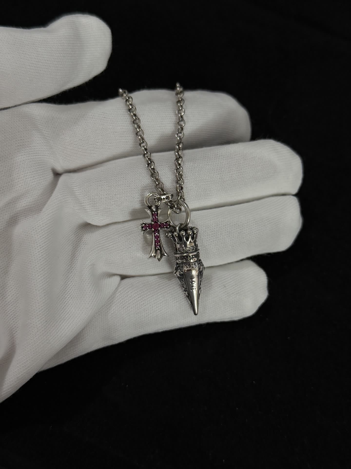 Chrome Hearts Silver Cross and Crown Pendant Necklace